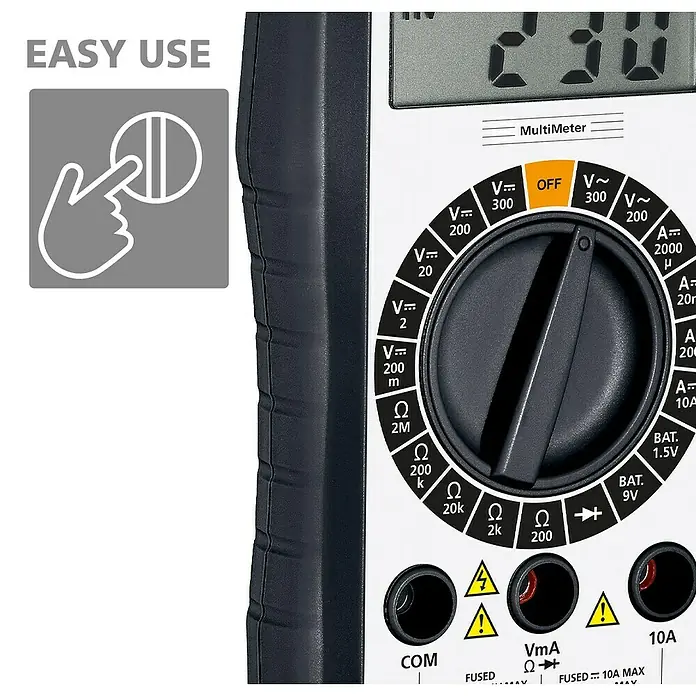 Laserliner Digital-Multimeter - Messbereich Wechselspannung: 0 V - 300 V - Graues und schwarzes Digitalmultimeter mit großem zentralem Drehknopf, Digitalanzeige ('2.30') und mehreren Eingangsanschlüssen.