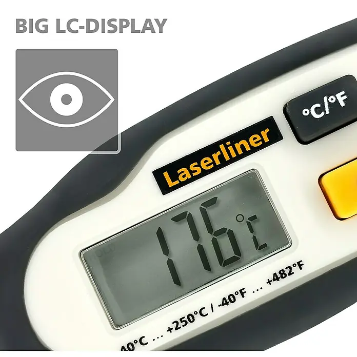 Laserliner Thermometer - Messbereich Temperatur: -40 °C - 250 °C - Digitales Thermometer mit großem Display (176°C), weiß-grauem Gehäuse und °C/°F-Umschalttaste.