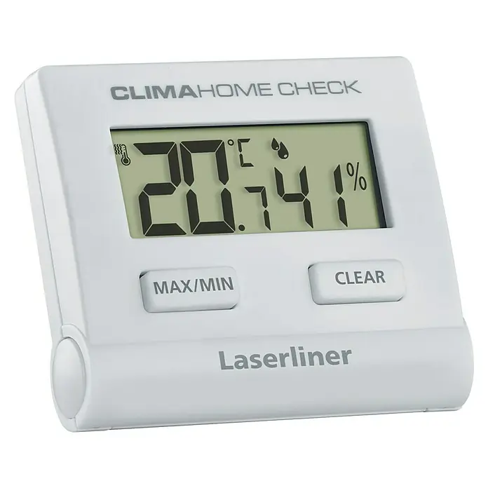 Laserliner Hygrometer Climahome-Check - Messbereich Luftfeuchtigkeit: 20 % - 95 % - Weißes digitales Thermometer-Hygrometer mit LCD, das 20.7°C, 41% Luftfeuchtigkeit sowie MAX/MIN- und CLEAR-Tasten anzeigt.