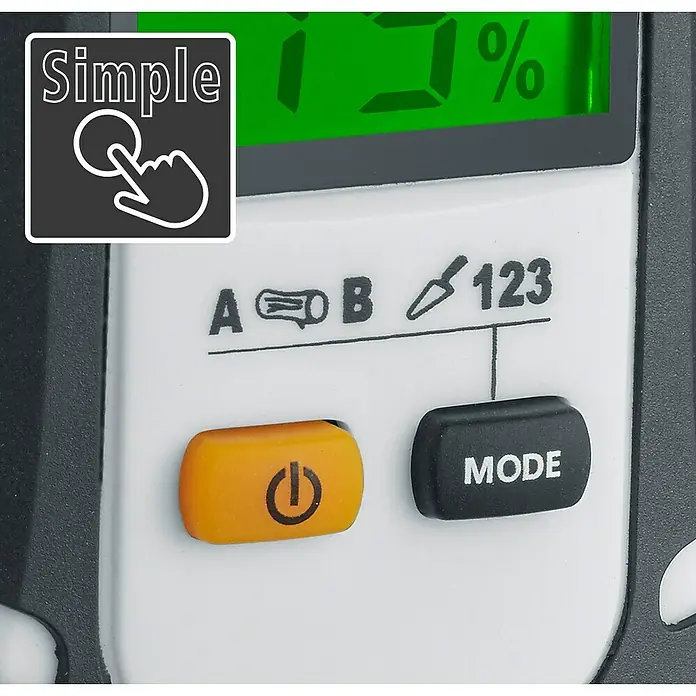 Laserliner Feuchtigkeitsmessgerät Home - Mit Batterien - Bedienfeld des Geräts: 'Simple' Symbol, Digitalanzeige (7,1%), Modusauswahl (A, B, 123), und orange Power-/schwarze Mode-Tasten.