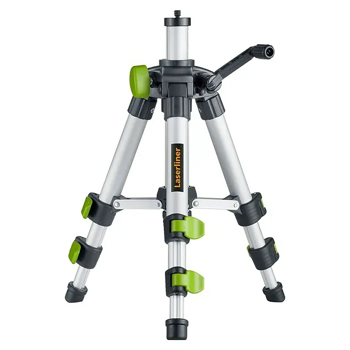 Laserliner Dreibeinständer - Arbeitshöhe: 18 cm - 45 cm - Laserliner Stativ mit silbernen Beinen, schwarzem Rahmen und grünen Akzenten, mit ausziehbarer Säule und Kurbelgriff.