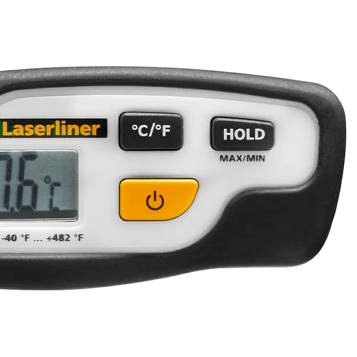 Laserliner Thermometer - Messbereich Temperatur: -40 °C - 250 °C - Nahaufnahme eines schwarz-weißen Laserliner Infrarot-Thermometers mit Digitalanzeige, C/F, Hold- und Power-Tasten.