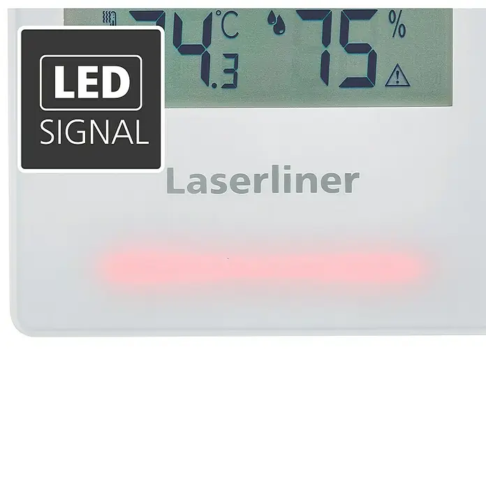 Laserliner Feuchtigkeitsmessgerät Climahome-Check Plus - Mit Batterien - Weißes Laserliner Digitalanzeigegerät mit 74°C, 75% Luftfeuchtigkeit und leuchtender roter LED-Signalleiste.