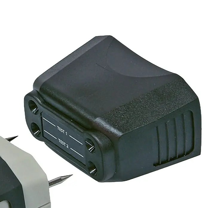 Laserliner Feuchtigkeitsmessgerät Home - Mit Batterien - Schwarzes, robustes Prüfgerät mit Beschriftungen 'TEST 1' und 'TEST 2'. Es verfügt über sichtbare Schrauben und eine strukturierte Oberfläche.
