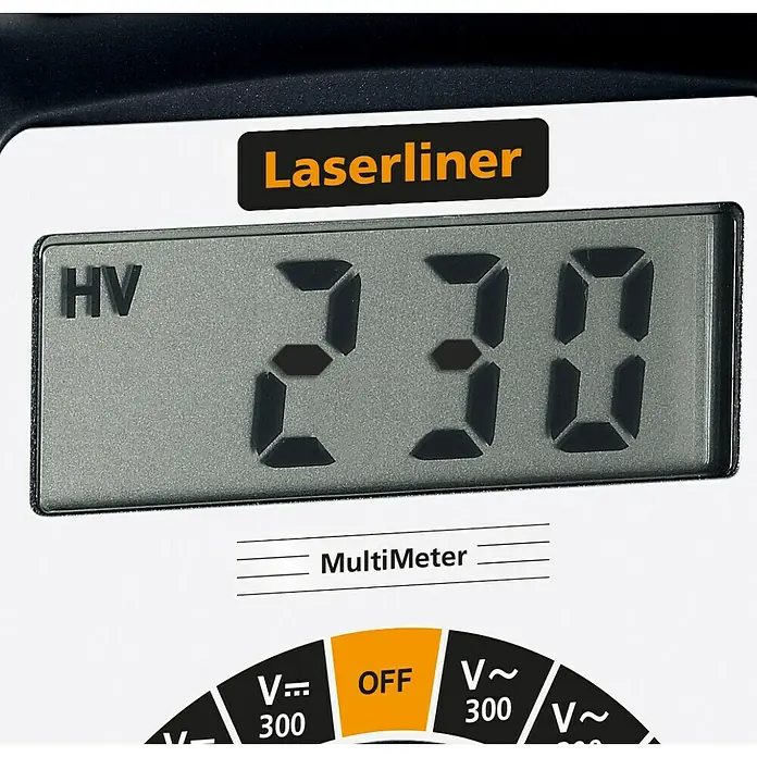 Laserliner Digital-Multimeter - Messbereich Wechselspannung: 0 V - 300 V - Laserliner Multimeter zeigt 'HV 230' an, der Funktionswahlschalter steht auf OFF.