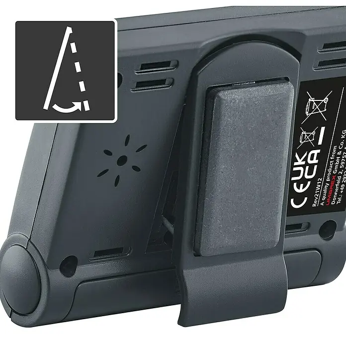 Laserliner Digitales Thermo-Hygrometer Climahome-Check - Batteriebetrieben - Rückseite eines dunkelgrauen Elektronikgeräts mit integriertem Ständer/Clip, Lüftungsschlitzen und Lautsprechergitter. Ein Symbol zeigt die Neigungsverstellung an.