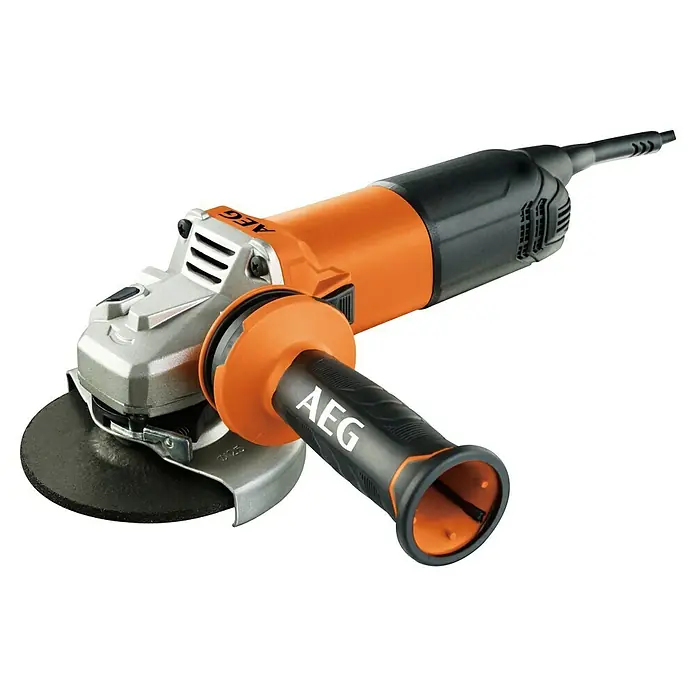 AEG Elektro-Winkelschleifer WS 13-125SXE - 1.300 W, Durchmesser Scheibe: 125 mm, Leerlaufdrehzahl: 2.800 U/min - 12.000 U/min - Oranger und schwarzer Winkelschleifer mit silbernem Kopf, Trennscheibe und Seitenhandgriff mit AEG-Logo.