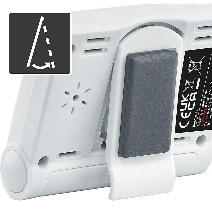 Laserliner Hygrometer Climahome-Check - Messbereich Luftfeuchtigkeit: 20 % - 95 % - Rückseite eines weißen Geräts mit Lautsprechergitter, ausziehbarem Ständer mit Magnet. Symbol zeigt verstellbaren Blickwinkel.
