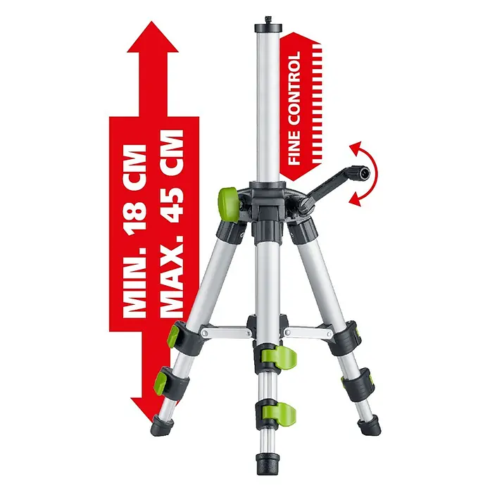 Laserliner Dreibeinständer - Arbeitshöhe: 18 cm - 45 cm - Silber-graues und schwarzes Stativ mit grünen Akzenten, höhenverstellbar von 18 bis 45 cm, mit Feineinstellung per Kurbel.