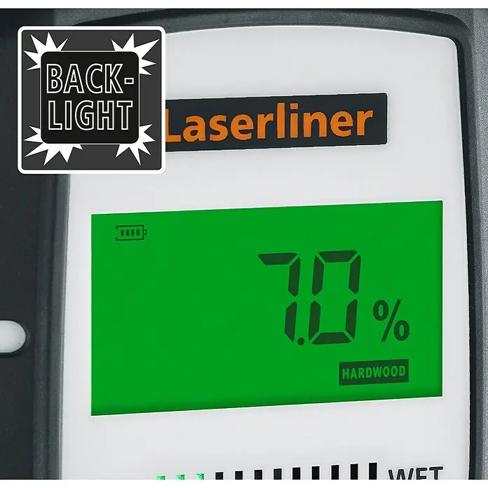 Laserliner Feuchtigkeitsmessgerät Compact - Batteriebetrieben, 9 V - Digitales Feuchtigkeitsmessgerät, Marke Laserliner, zeigt 7,0 % Feuchtigkeit für Hartholz auf grünem Display mit Hintergrundbeleuchtung.