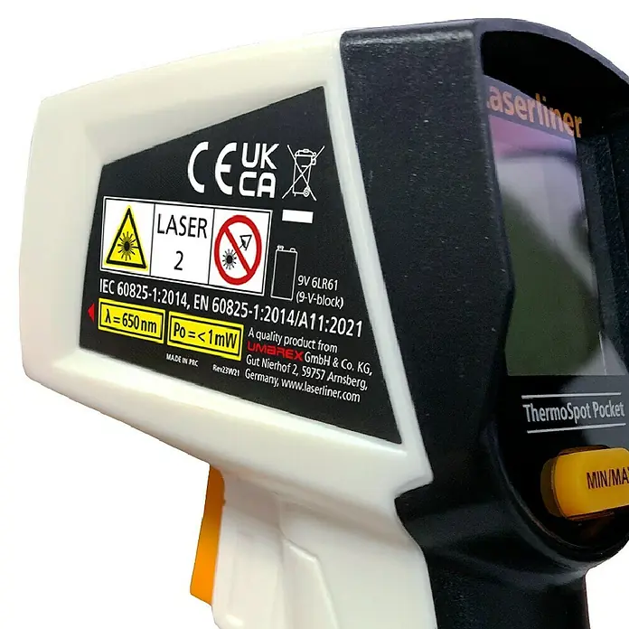 Laserliner Infrarot-Thermometer Pocket - Messbereich Temperatur: -40 °C - 400 °C - Weiß-schwarzes Handlaserthermometer mit „ThermoSpot Pocket“-Branding und gelber MIN/MAX-Taste.