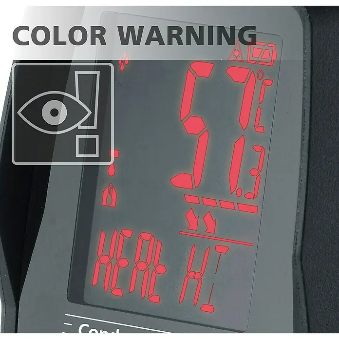Laserliner Infrarot-Thermometer Condensespot Plus - Messbereich: -38 °C bis +365 °C - Dunkelgraues Gerät mit roter Digitalanzeige, die numerische Werte und Statussymbole, wahrscheinlich Temperatur, zeigt.