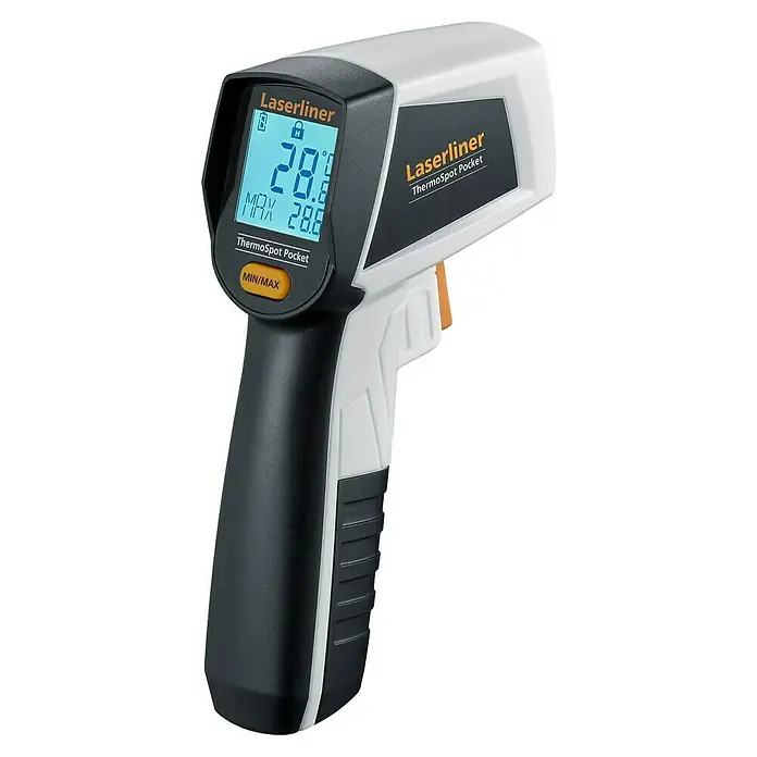 Laserliner Infrarot-Thermometer Pocket - Messbereich Temperatur: -40 °C - 400 °C - Laserliner ThermoSpot Pocket Hand-Infrarot-Thermometer mit schwarz-weißem Gehäuse und beleuchtetem Digitaldisplay (28,1°C).