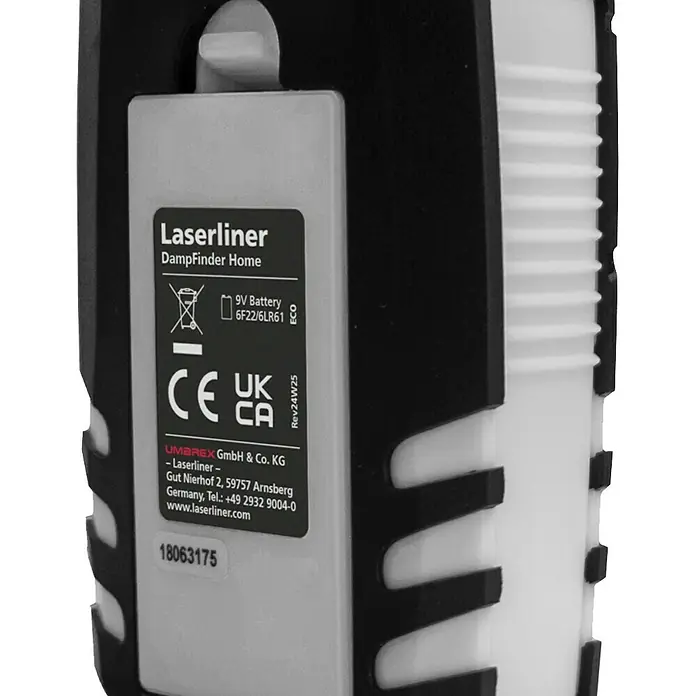 Laserliner Feuchtigkeitsmessgerät Home - Mit Batterien - Etikett auf einem schwarz-hellgrauen Laserliner DampFinder Home, mit Spezifikationen und Herstellerangaben.