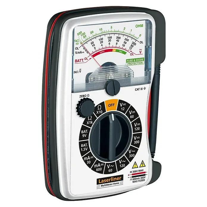 Laserliner Spannungsprüfer MultiMeter-Home - Batteriebetrieben, 1,5 V - Analoges Multimeter in Grau und Schwarz mit weißem Zifferblatt, rot/schwarzen Messleitungen und Drehschalter für elektrische Messungen.
