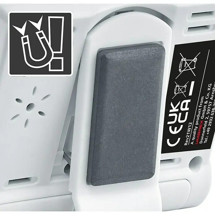Laserliner Hygrometer Climahome-Check - Messbereich Luftfeuchtigkeit: 20 % - 95 % - Weiße Geräterückseite mit grauem Magnetpad auf Klappständer und Magnetsymbol.