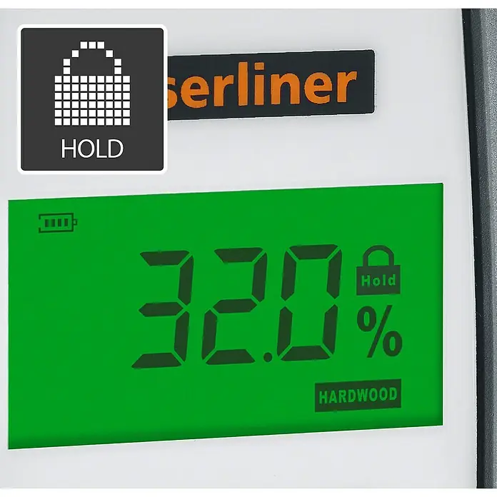 Laserliner Feuchtigkeitsmessgerät Compact - Batteriebetrieben, 9 V - Digitales Feuchtigkeitsmessgerät-Display zeigt 32,0 % für Hartholz, mit aktiver Haltefunktion und voller Batterie.
