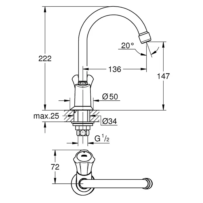 Grohe Costa Kaltwasser-Standventil - Chrom, Glänzend - Technische Zeichnung einer Einhebel-Küchenarmatur mit detaillierten Maßen.
