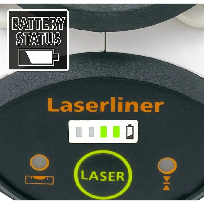 Laserliner Linienlaser 6360 - Mit Stativ, Mit Batterien - Dunkelgraues Laserliner Bedienfeld mit Teilladung der Batterie und aktivem grünem 'LASER'-Knopf.