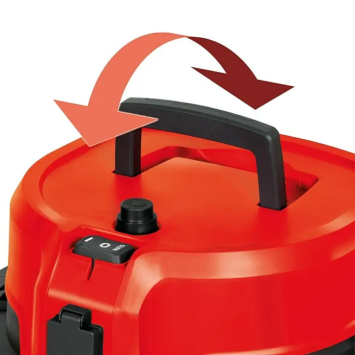 Herkules Elektro-Nass- & Trockensauger H-NT 50 Inox - 1.600 W, 50 l - Nahaufnahme eines roten Staubsaugers mit schwarzem Griff und Pfeilen, die seine Bewegung anzeigen.