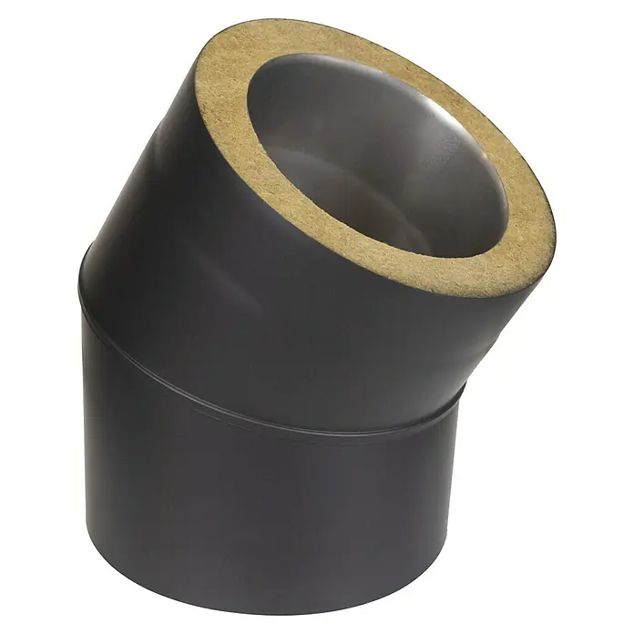 Ofenrohrbogen - Durchmesser: 150 mm, 30 °, Senotherm lackiert, Schwarz - Dunkelgraues isoliertes Rohrbogenstück mit sichtbarer gelber Isolierung und metallischem Inneren.