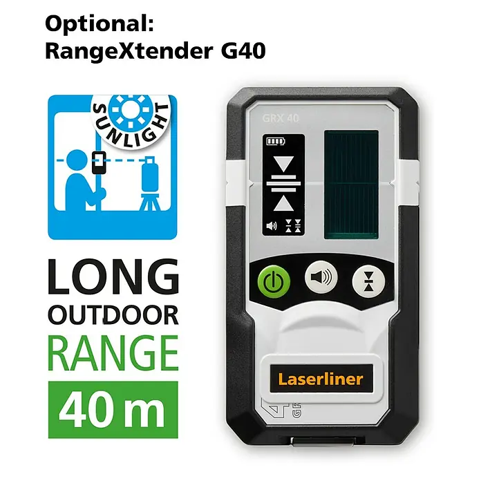Laserliner Linienlaser Smartline G360 - Max. Arbeitsbereich: 30 m, Mit Batterien - Schwarz-grauer Laserliner RangeXtender GRX 40 Laserempfänger für lange Außenreichweite bis 40m, auch bei Sonnenlicht.