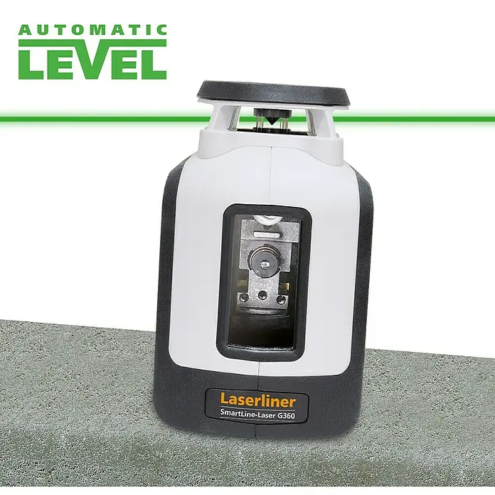 Laserliner Linienlaser Smartline G360 - Max. Arbeitsbereich: 30 m, Mit Batterien - Weiß-dunkelgrauer Laserliner Automatik-Nivellierlaser projiziert eine grüne Linie.