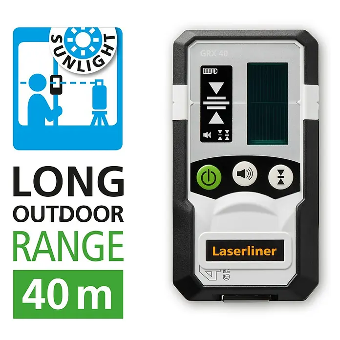 Laserliner Linienlaser 6360 - Mit Stativ, Mit Batterien - Schwarzer und grauer Laserliner GRX 40 Laserempfänger mit Digitalanzeige, Power-, Ton- und Sensitivitätstasten. Ideal für den Außeneinsatz bis 40m.