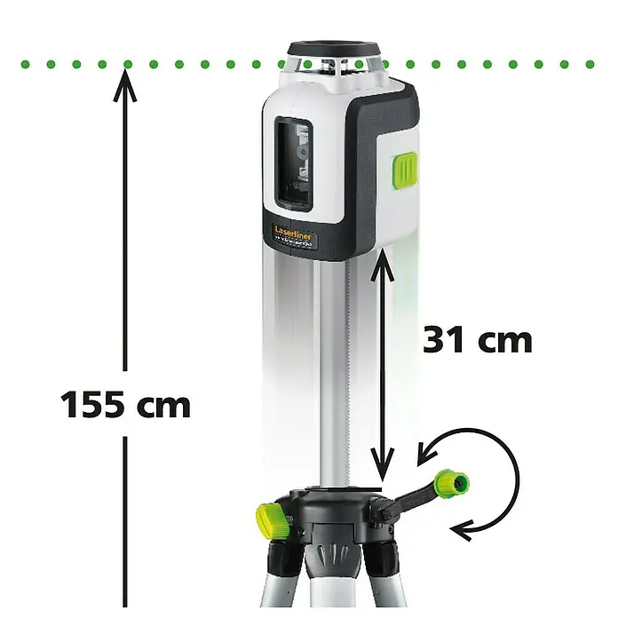 Laserliner Linienlaser 6360 - Mit Stativ, Mit Batterien - Weiß-schwarzes Laserliner-Lasernivellier auf einem verstellbaren Stativ, zeigt 31 cm Höhenverstellung und 155 cm Gesamthöhe der Laserlinie.