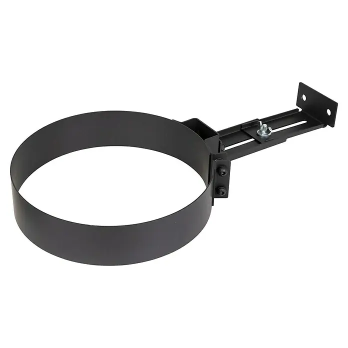 Wandhalterung - Durchmesser: 150 mm, Verstellbar: 125 mm - 200 mm - Schwarze Metall-Rohrbefestigungskonsole mit kreisförmiger Schelle.
