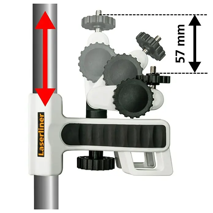 Laserliner Klemmhalter - Passend für: Kreuzlinien-Laser im Innenausbau - Weiß-schwarze Laserliner Universalhalterung an einer Stange, mit 57mm vertikalem Feinjustierungsbereich.
