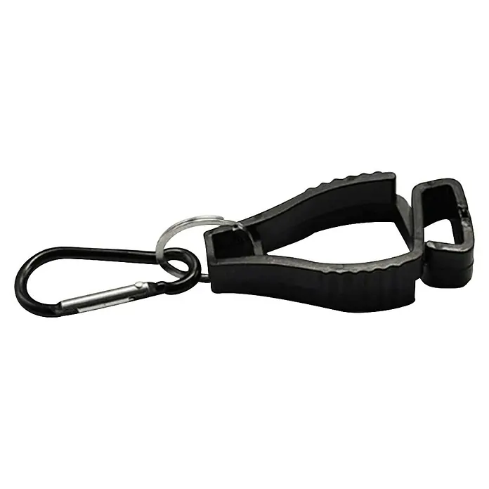 Mosquetón con pinza - Metal, Negro - Primer plano de un portaclips negro para palos de golf con mosquetón, ideal para que los golfistas sujeten los palos de forma segura.