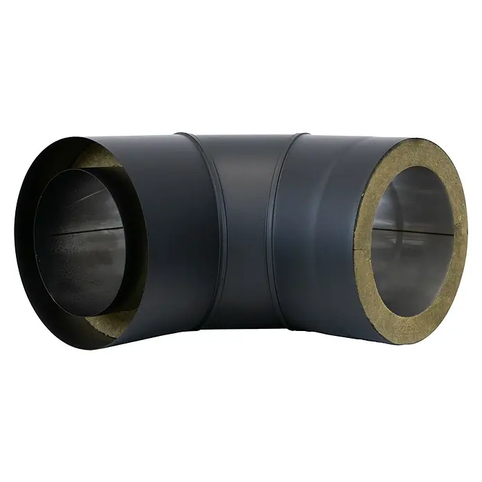 Ofenrohrbogen - Durchmesser: 150 mm, 90 °, Schwarz, Mit Reinigungsöffnung - Dunkelgrauer isolierter Metall-Lüftungskrümmer mit beiger Wärmedämmung und Innenrohr.