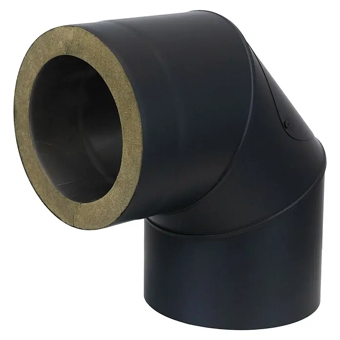 Ofenrohrbogen - Durchmesser: 150 mm, 90 °, Schwarz, Mit Reinigungsöffnung - Schwarzes isoliertes Rauchrohrbogenstück mit sichtbarer Dämmung.