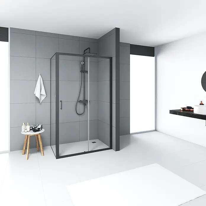Aurlane Eckdusche Factory - 120 x 80 x 200 cm, Beschichtet, Glasstärke: 6 mm, DIN Anschlag: Links/Rechts - Moderne Duschkabine aus Glas mit schwarzem Rahmen und Duschkopf in einem zeitgenössischen Badezimmer.