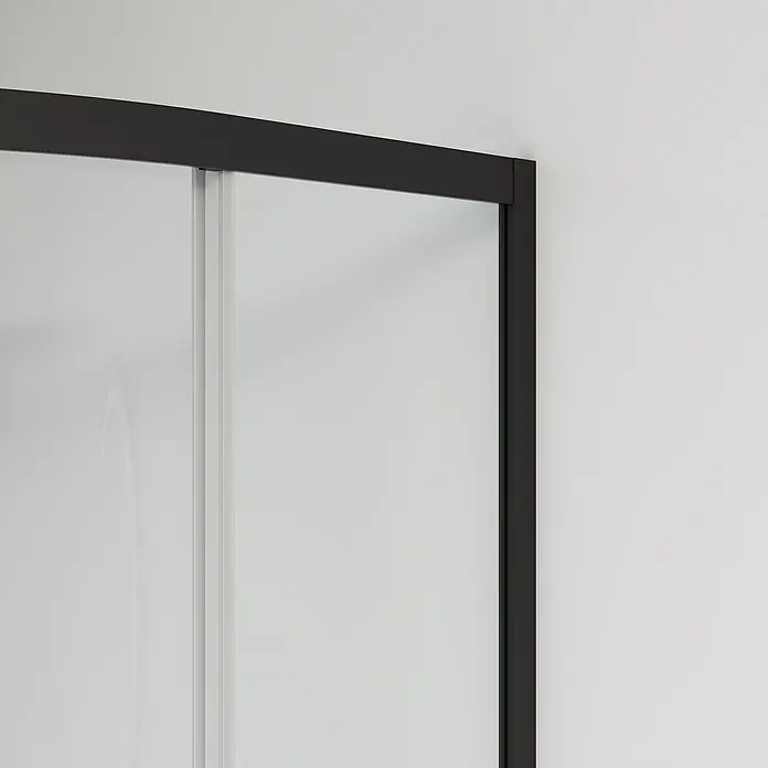Aurlane Runddusche Factory - 90 x 90 x 200 cm, Pulverbeschichtet, Schwarz - Nahaufnahme einer Duschkabine mit schwarzem Rahmen und Milchglasscheiben.