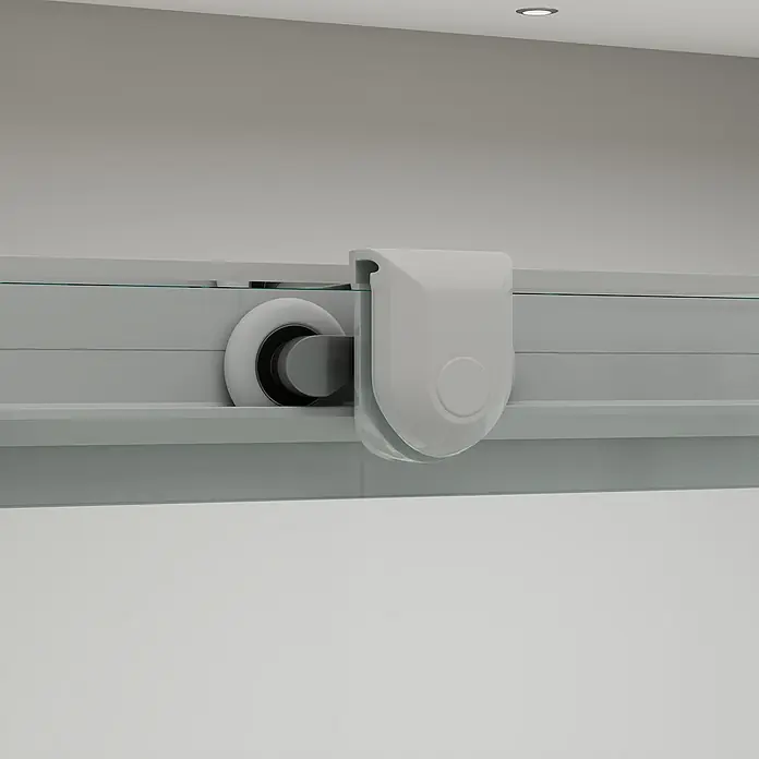 Aurlane Eckdusche Factory - L x B x H: 90 x 90 x 200 cm, Beschichtet, Weiß, Glasstärke: 6 mm, 47cm Einstiegbreite - Weißer Schiebetürbeschlag mit Rolle und Gehäuse, der eine klare Glasscheibe sichert.