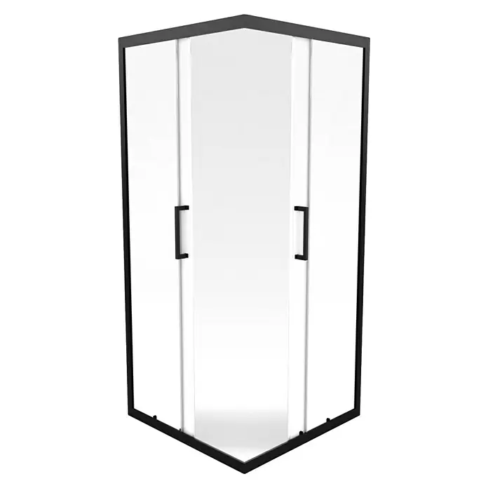 Aurlane Eckdusche Factory - L x B x H: 90 x 90 x 200 cm, Beschichtet, Schwarz, Glasstärke: 6 mm, 47cm Einstiegbreite - Schwarze Eckduschkabine mit klaren und satinierten Glaspaneelen und schwarzen Stangengriffen.