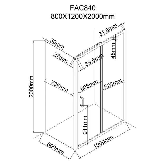 Aurlane Eckdusche Factory - 120 x 80 x 200 cm, Beschichtet, Glasstärke: 6 mm, DIN Anschlag: Links/Rechts - Technische Zeichnung einer 800x1200x2000mm Duschkabine aus Klarglas mit Rahmen, Tür und detaillierten Maßen.