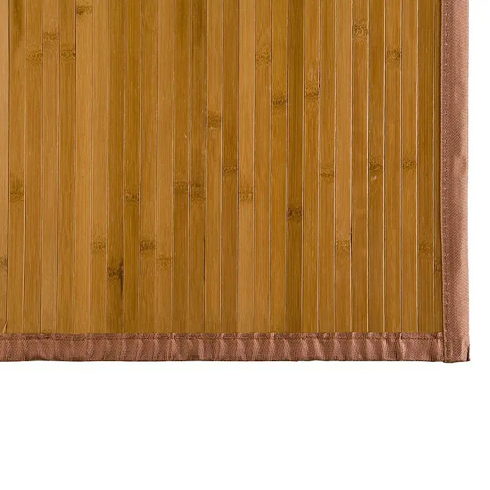 Alfombra de bambú - Marrón, 160 x 240 cm - Primer plano de una esterilla de bambú con borde marrón, destacando la textura y los materiales naturales. Ideal para decoración del hogar y suelos.