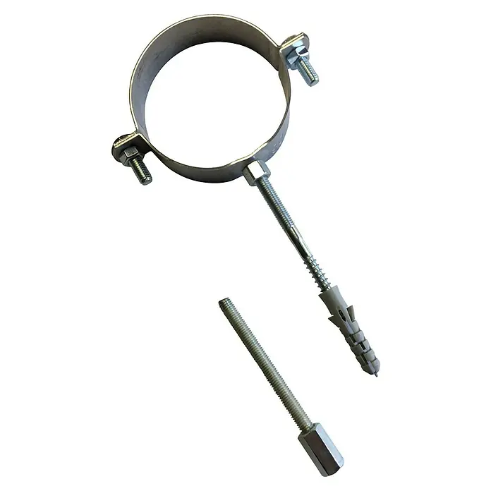 Rohrschelle - Durchmesser: 130 mm, Silber, Stahl - Metallrohrschelle mit Schrauben, Muttern, Gewindestange und Dübel, plus zusätzliche Gewindestange mit Kupplungsmutter.
