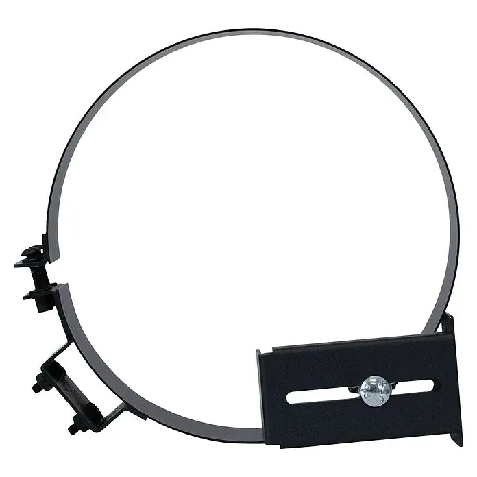 Wandhalterung - Durchmesser: 150 mm, Verstellbar: 90 mm - 125 mm - Schwarze kreisförmige Metallklemme mit Montagehalterung und Schrauben.