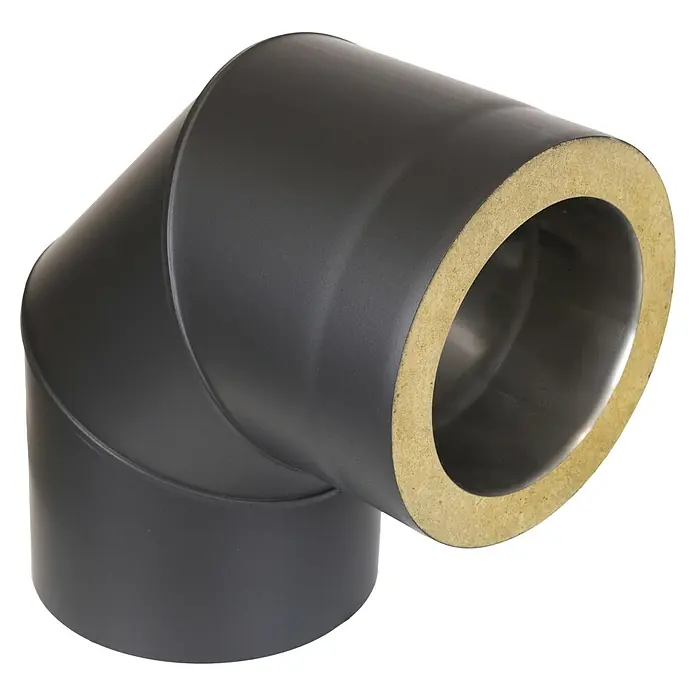 Ofenrohrbogen - Durchmesser: 150 mm, 90 °, Senotherm lackiert, Schwarz - Schwarzer, isolierter 90-Grad-Rohrbogen mit gelblicher Isolierschicht, für Abgassysteme.