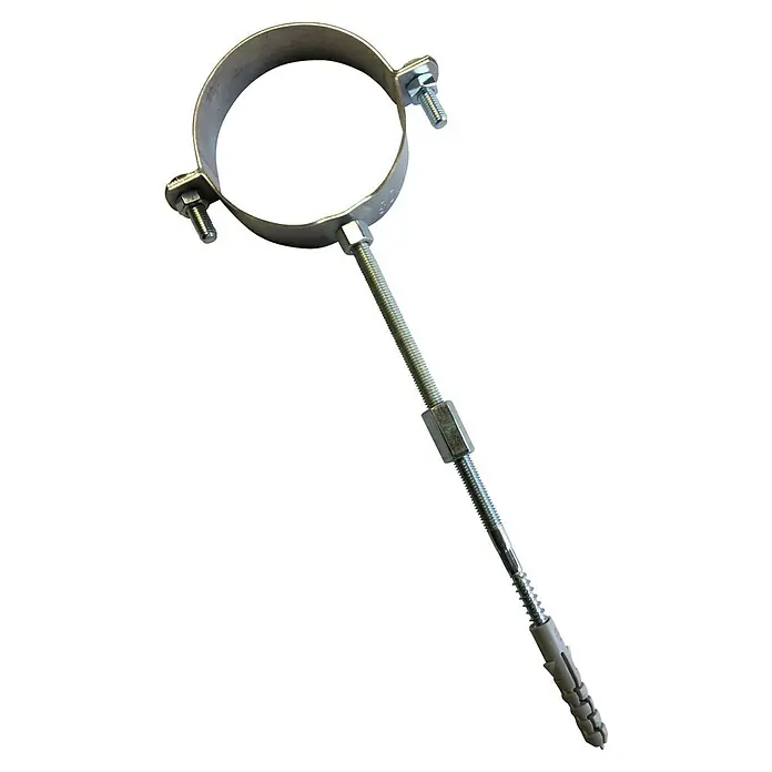 Rohrschelle - Durchmesser: 130 mm, Silber, Stahl - Rohrschelle aus Metall mit Gewindestange und grauer Dübel, zur Rohrmontage.
