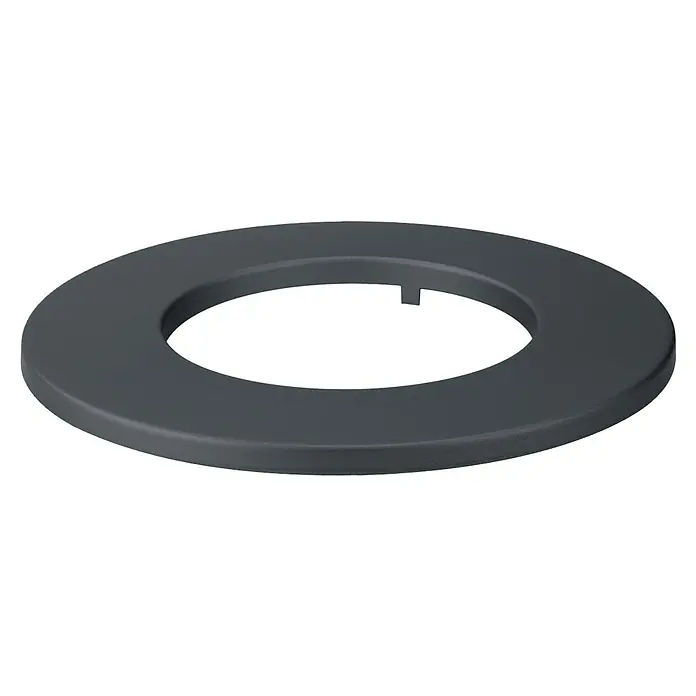 Rohrrosette - Durchmesser: 150 mm, Stahl - Dunkelgrauer flacher Ring mit einer inneren Kerbe, wahrscheinlich zur Montage oder Ausrichtung.