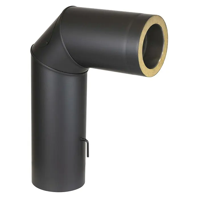 Ofenrohrbogen - Durchmesser: 150 mm, Senotherm lackiert, Schwarz - Schwarzes isoliertes Ofenrohr-Kniestück mit Drosselklappe.