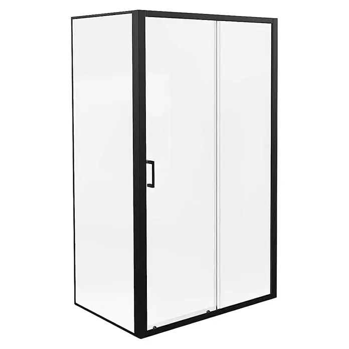 Aurlane Eckdusche Factory - 120 x 80 x 200 cm, Beschichtet, Glasstärke: 6 mm, DIN Anschlag: Links/Rechts - Duschkabine mit schwarzem Rahmen und klaren Glasschiebetüren.