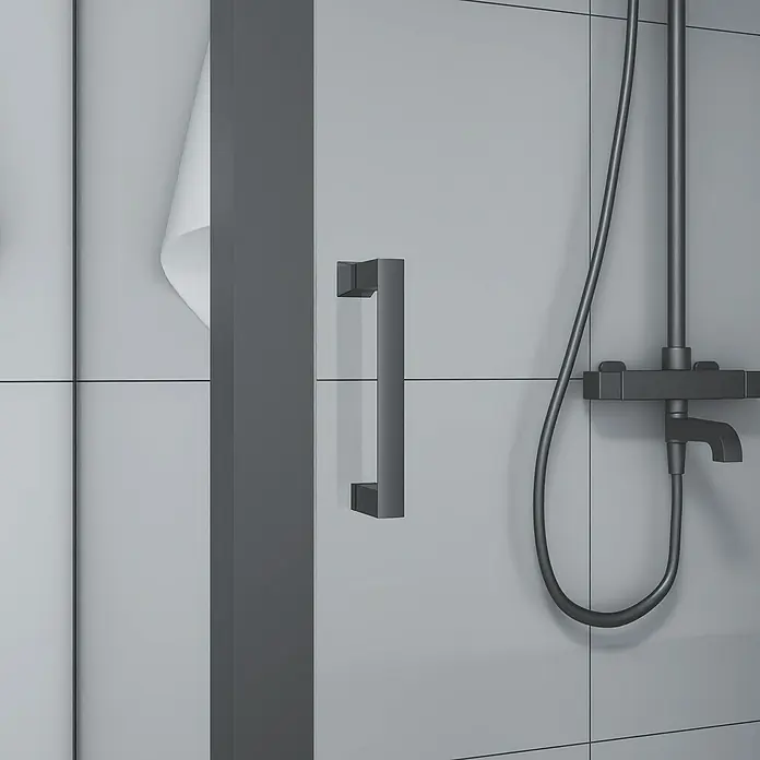 Aurlane Eckdusche Factory - 120 x 80 x 200 cm, Beschichtet, Glasstärke: 6 mm, DIN Anschlag: Links/Rechts - Dunkelgrauer Duschgriff und wandmontierte Duscharmatur mit Schlauch.