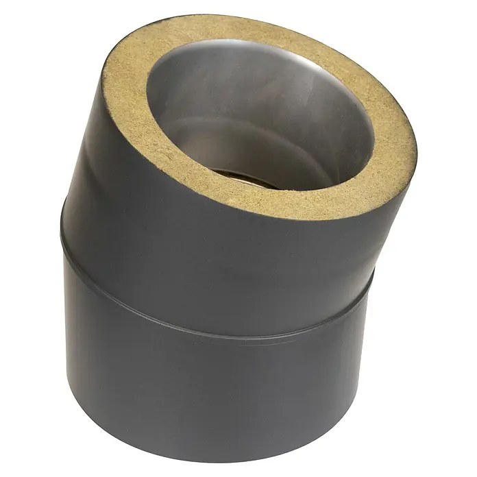 Ofenrohrbogen - Durchmesser: 150 mm, 15 °, Senotherm lackiert, Schwarz - Dunkelgraues isoliertes Kniestück mit sichtbarer gelblicher Mineralfaser-Isolierung.