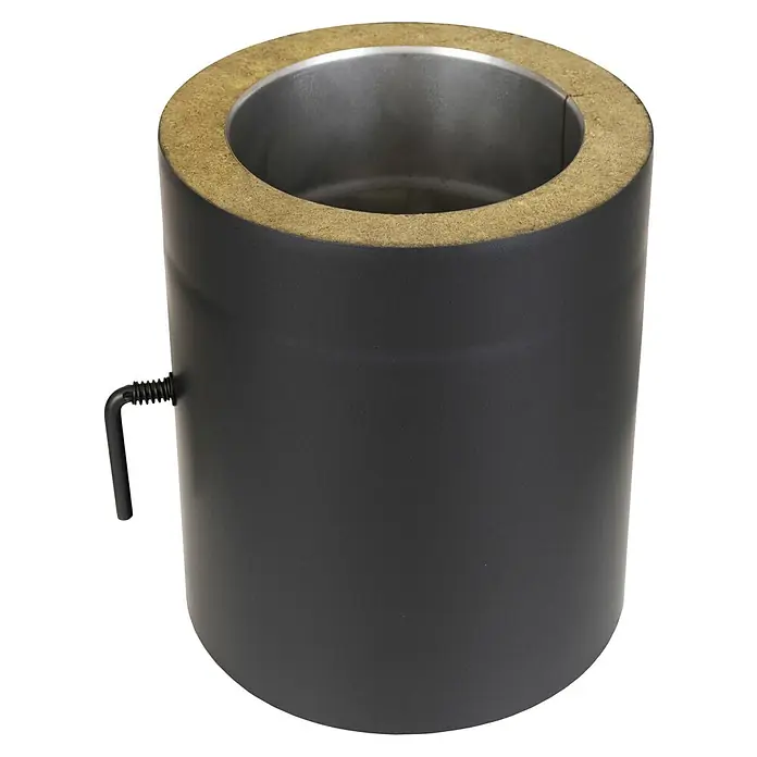 Ofenrohr - Ø x L: 150 x 250 mm, Senotherm lackiert, Schwarz, Mit Drosselklappe - Dunkelgraues isoliertes Schornsteinrohrsegment mit Metallinnenrohr, gelblicher Isolierung und seitlichem Griff.